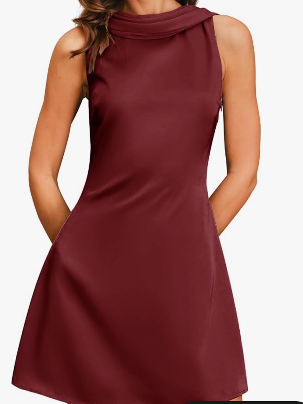 Amazon Sleeveless Cowl Neck A-Line Dress in Burgundy Wine